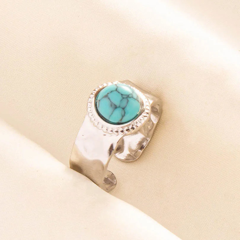 1pc Stainless Steel Boho Turquoise Open Finger Rings Trendy Adjustable Women Multi Layers Stackable