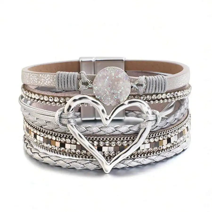 Layered PU Leather Heart Charm Wrap Bracelet With Magnetic Closure For Women, Boho Style, All Season Accessory mbzr