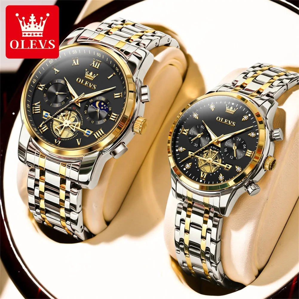 OLEVS Quartz Couple Watch Luxury Brand Waterproof Lunar Phase Timing Code Watch Elegant and Romantic Lover His  Her Couple Watch mbzr