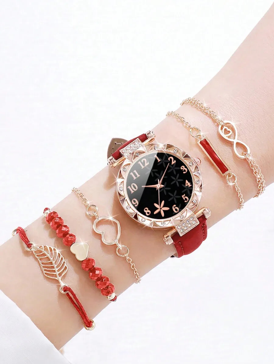Women Fashionable Rhinestone-Accented Floral Dial Quartz Wristwatch And Heart Tree Leaf Bracelet Set (6pcs/Set) As A Gift For