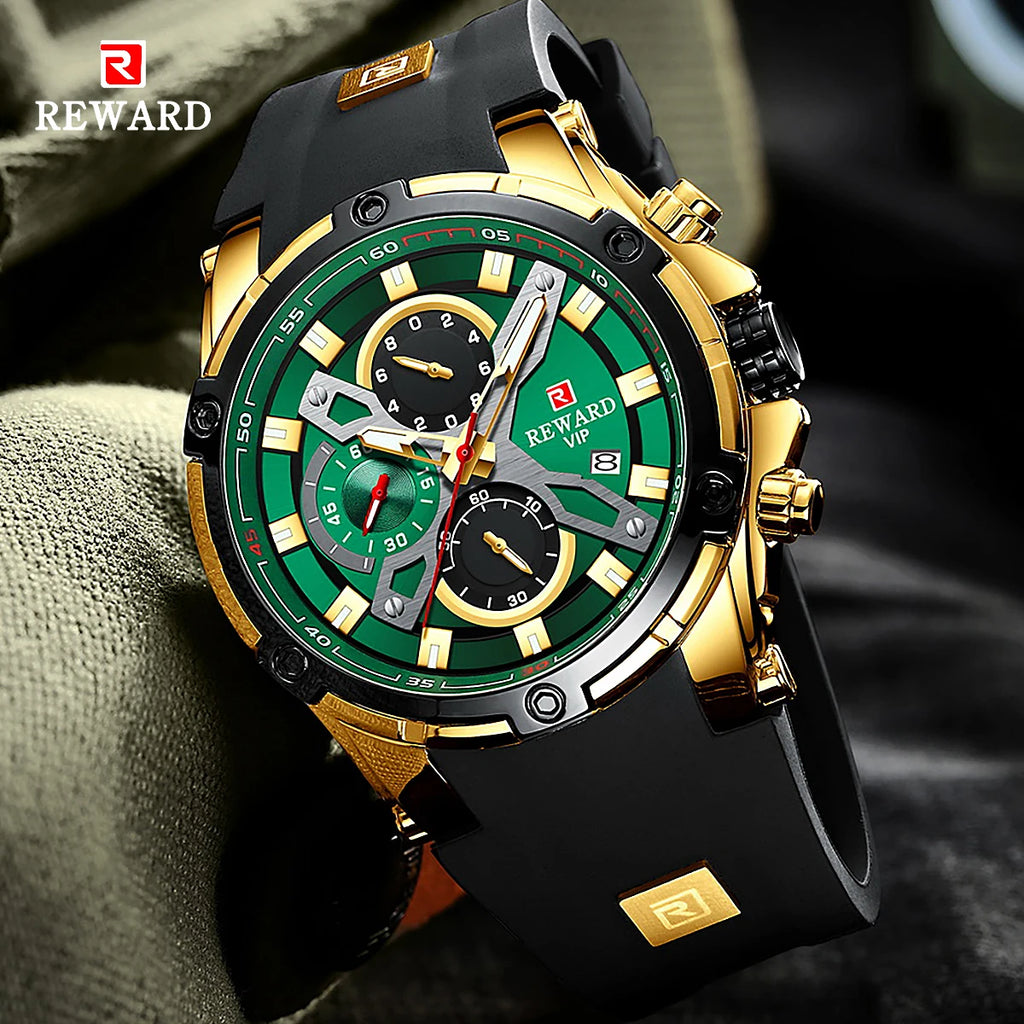 REWARD Luxury Sport Men Quartz Watch Man Wristwatch Chronograph Silicone Strap Waterproof Luminous Hands Date Men's Watches