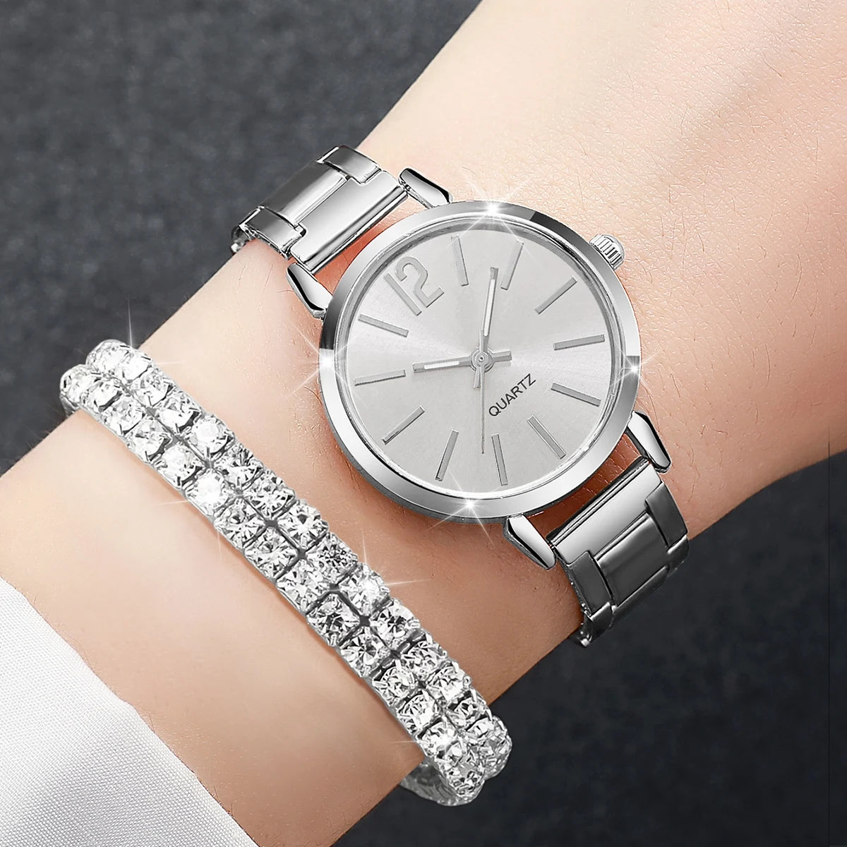 6PCS/Set Women's Watch Fashion Steel Band Quartz Watches Diamond Bracelets Set（Without Box） mbzr