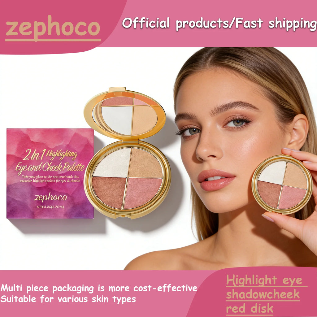 Zephoco 2In1 Highlighting Eye & Cheek Palette 4 Colors Shimmery Glow Makeup Palette For Face Eyes Daily Party Makeup mbzr