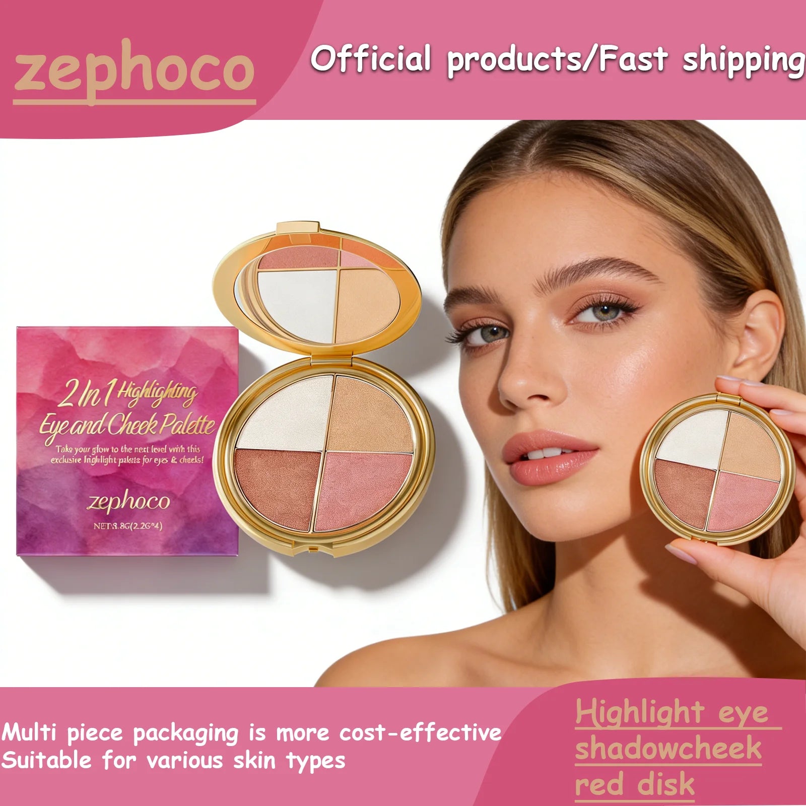 Zephoco 2In1 Highlighting Eye & Cheek Palette 4 Colors Shimmery Glow Makeup Palette For Face Eyes Daily Party Makeup mbzr