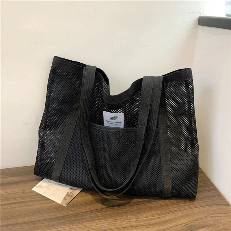 Women Transparent Mesh Net Shoulder Winder Bag Fashionable Portable Shopping Travel Beach Tote Handbag mbzr