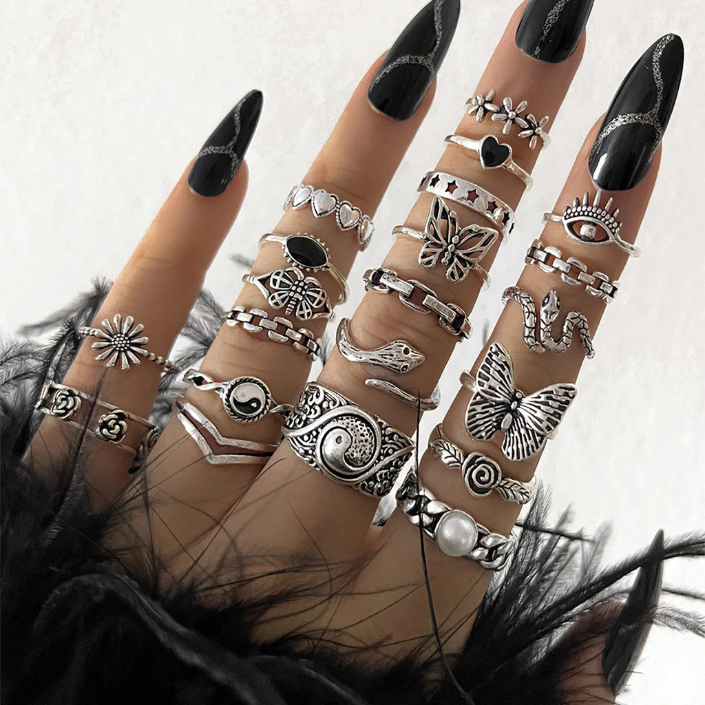 Best Selling 21-Piece Vintage Distressed Ring Set, Dark Style Butterfly & Flower Rings, Edgy Minimalist Accessory Gift mbzr