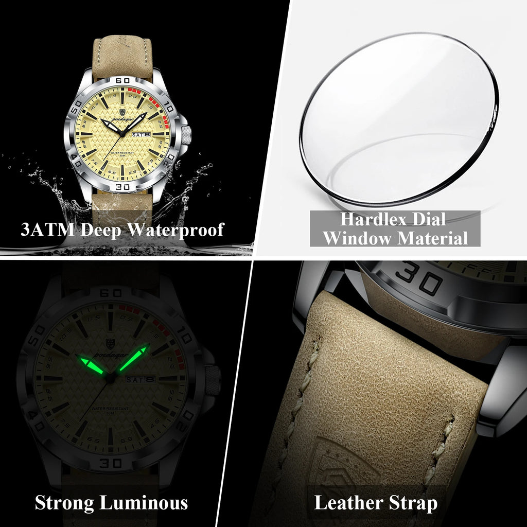 POEDAGAR Original Business Man Wristwatch Waterproof Luminous Date Week Casual Watch For Men Quartz Leather Luxury Fashion Men's Watches Reloj mbzr