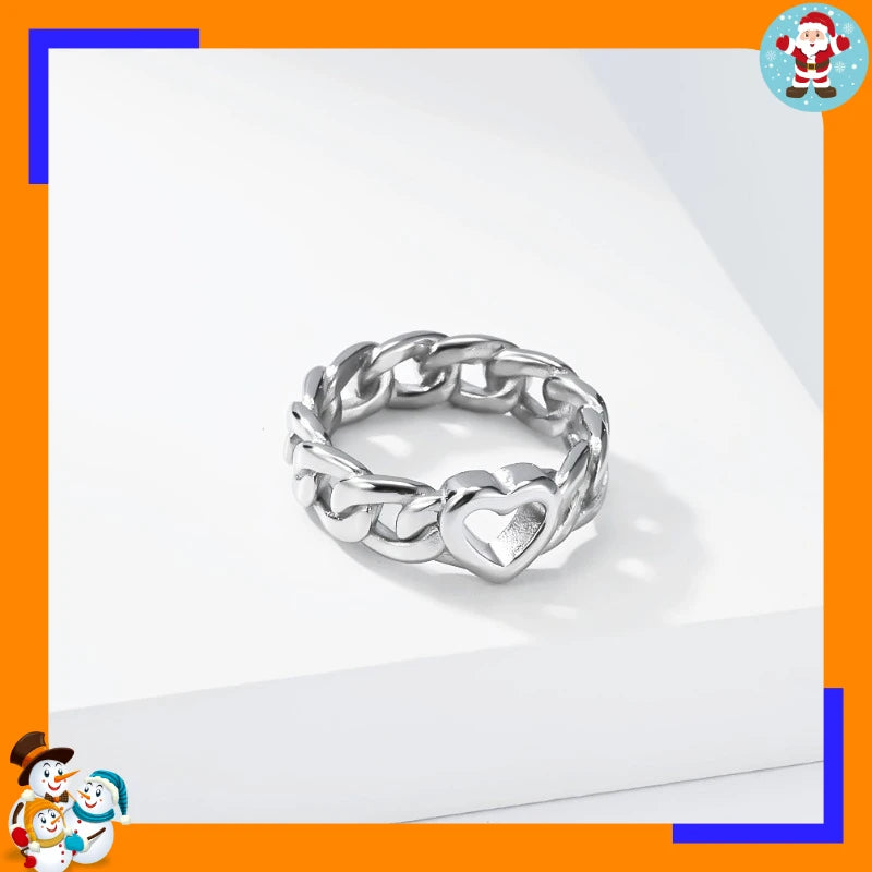 Trendy Cuban Chain Heart Ring Niche High-end Titanium Steel Gold-plated Fashion Commuter Ring