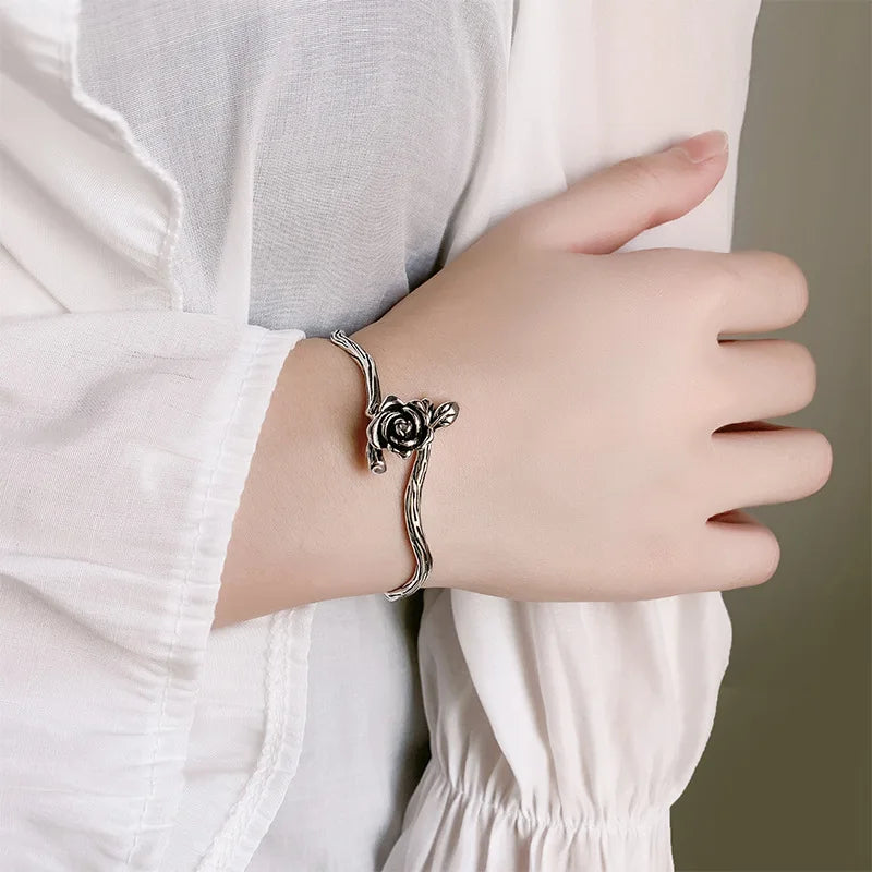 925 Sterling Silver Bracelet Rose Flower Linked Vintage Punk Adjustable Chain For Woman Girl Jewelry Gift Dropship Wholesale