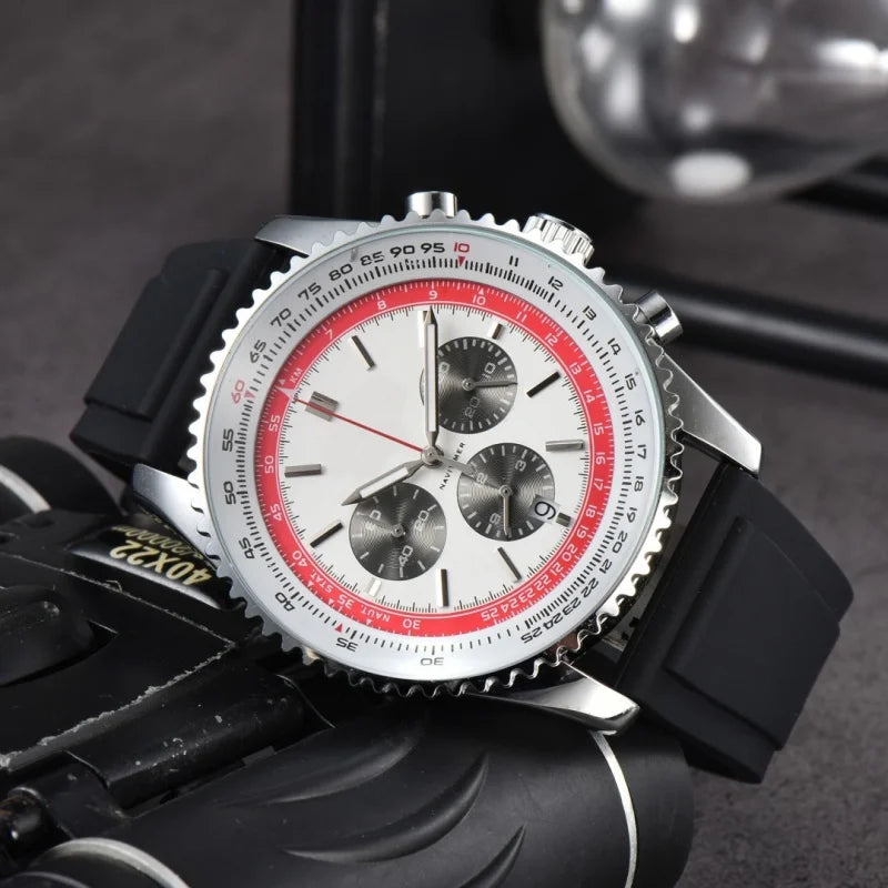 Men Quartz Chronograph Watch Silver Alloy Case Tachymeter Scale Bezel Date Display Soft Silicone Rubber Strap Sports Male Wrist Watch