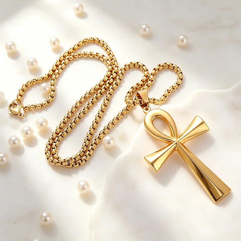Egyptian Ankh Cross Pendant Necklace for Men Women, Stainless Steel Box Chain Ankh Symbol Necklace, Waterproof Hypoallergenic Non Tarnish Ancient Egypt Life Symbol Jewelry Gift