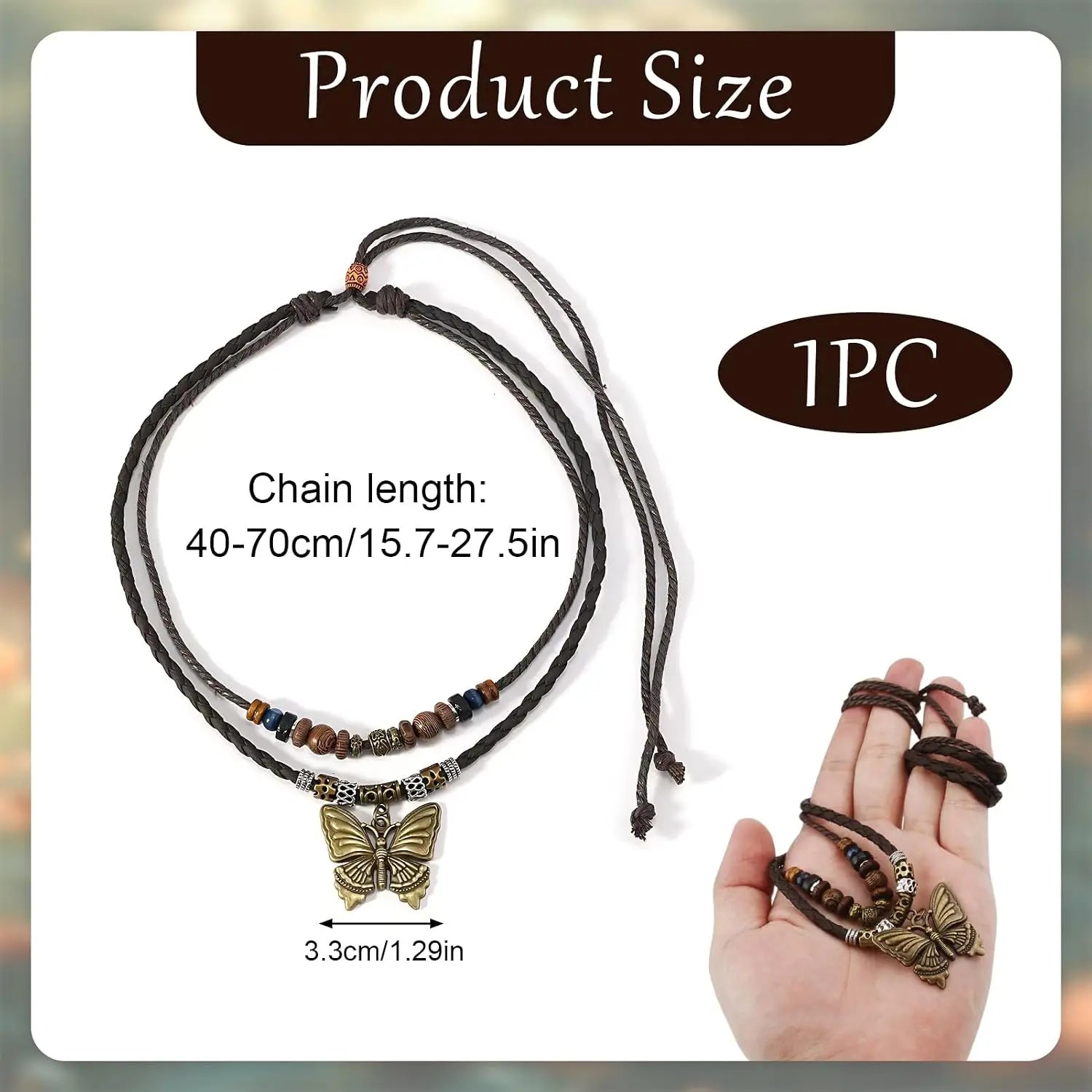 Boho Necklace for Women,Vintage Butterfly Pendant Necklaces,Adjustable Wooden Beads Layered Braided Choker,Fashion Tribal Style Leather Rope Necklace Jewelry,Chunky Statement Gift for Women