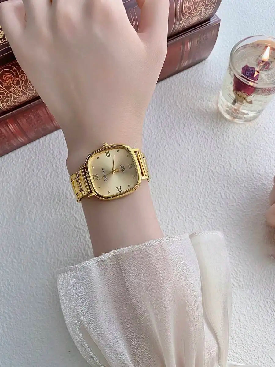 1pc Minimalist Gold Square Face Quartz Women Watch, Suitable For Daily Decoration