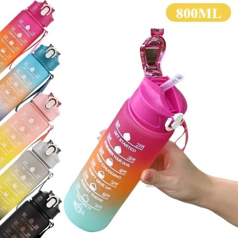 1pc Gradient Sports Water Bottle with Straw & Time Marker for Outdoor Fitness Hiking & Gym Leakproof Travel Water Bottle mbzr