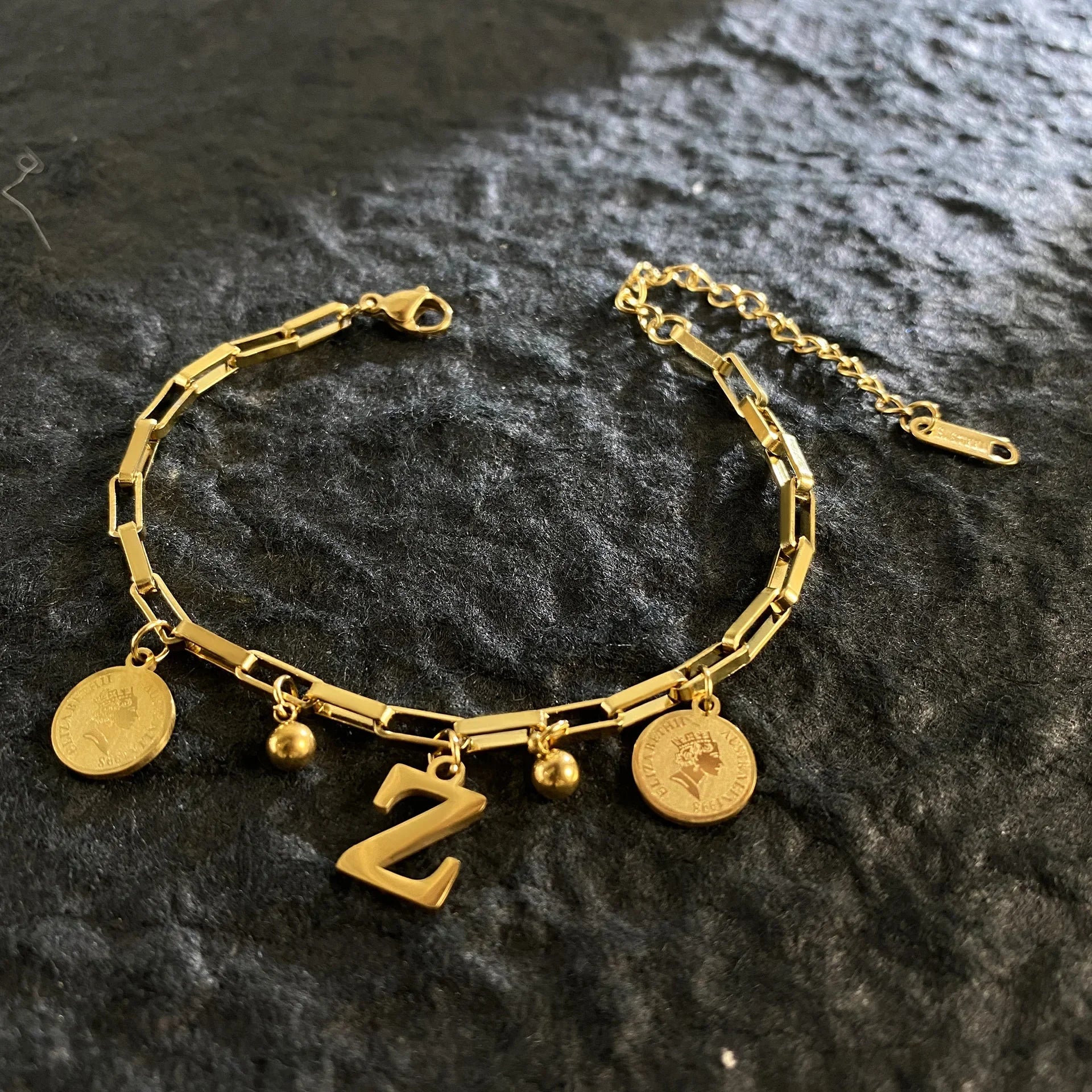 1pc Queen Coin Letter plated Stainless Steel Bracelet for Women Small Bell Pendant Adjustable Bracelet Classic Jewelry Gift