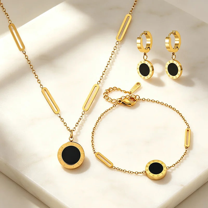 Roman Numeral Round Pendant Jewelry Set For Women, Stainless Steel Necklace Bracelet Hoop Earrings Set, Waterproof Hypoallergenic Non-Tarnish Black Acrylic Fashion Jewellery Gift