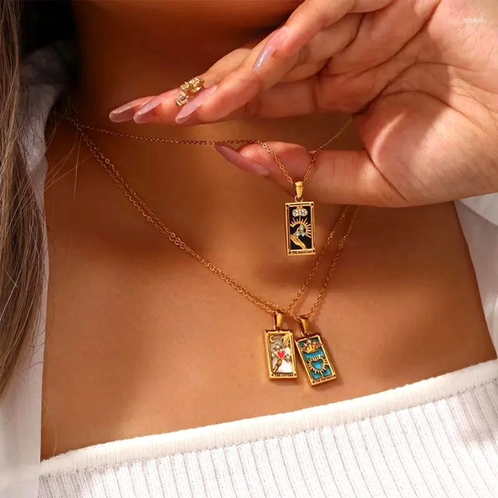 YILUOCD Original Zirconia Tarot Card Necklace Classic Tarot Queen Lover Magician Moon Wealth Amulet Stainless Steel Jewelry