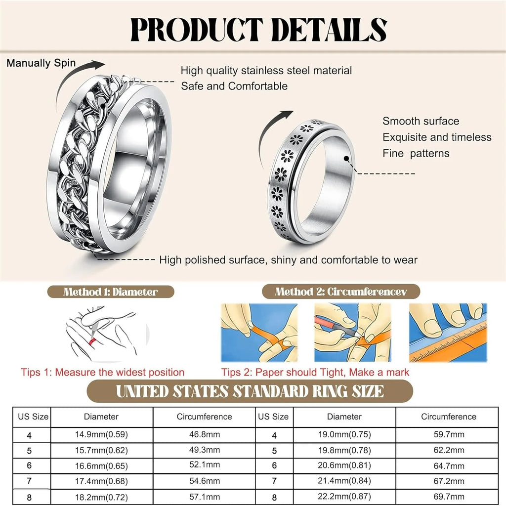 12Pcs Stainless Steel Fidget Rings for Women Men Anxiety Spinner Ring Adjustable Flower Moon Star Stress Relieving Fidget Spinning Ring Wedding Band Rings Set