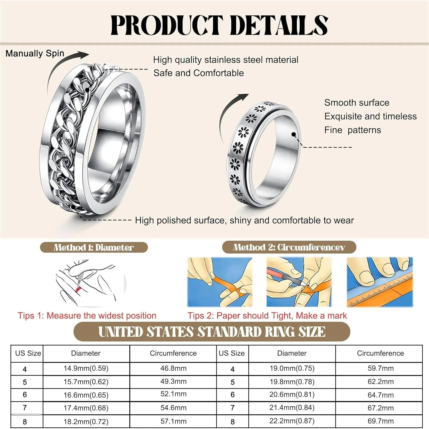 12Pcs Stainless Steel Fidget Rings for Women Men Anxiety Spinner Ring Adjustable Flower Moon Star Stress Relieving Fidget Spinning Ring Wedding Band Rings Set