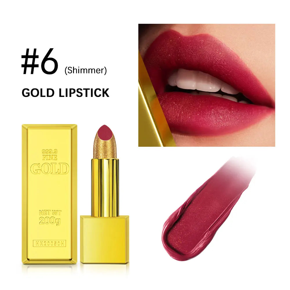 Glitter Shimmer Gold Lipstick Long Lasting Waterproof Cosmetic Gold Brick Tube mbzr