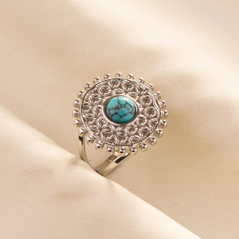 1pc Stainless Steel Boho Turquoise Open Finger Rings Trendy Adjustable Women Multi Layers Stackable