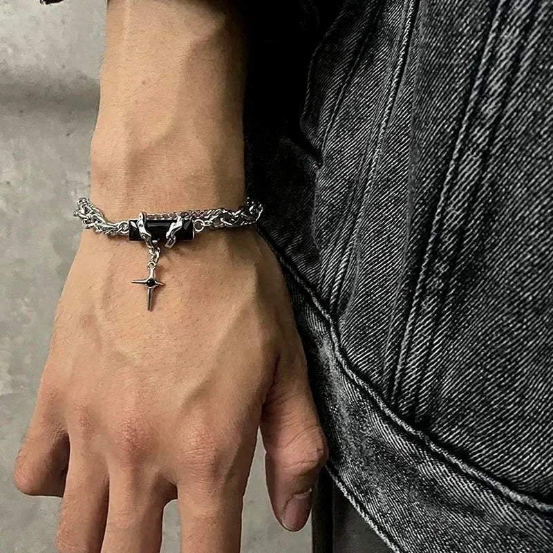Men Bracelet 2024 Retro Black Zircon Star Chain Women Stainless Steel Punk Bracelets on Hand Unisex Jewelry Couple Accessories