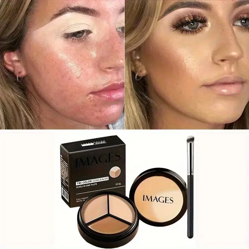 IMAGES Tri-Color Concealer with Brush - Moisturizing Paste for All Skin Types, Flawless Concealer for Blemishes, Dark Circles & mbzr