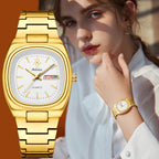 YaLaLuSi Vintage Tonneau Square White Dial Women Watch Day Date Display Brushed Solid Link Gold Bracelet Quiet Luxury Waterproof Ladies Quartz Wristwatch For Office Daily Commute