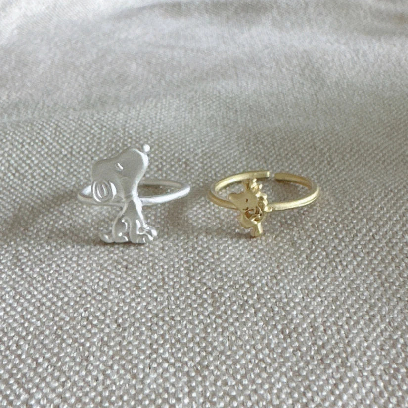 Snoopy woodstock stackable ring set peanuts cartoon adjustable open rings kawaii two tone couple matching jewelry gift