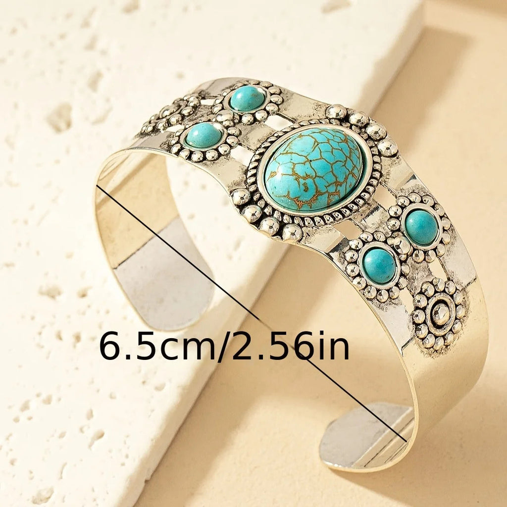 Vintage Bohemian Style Artificial Inlaid Turquoise Cuff Bangle Creative Design mbzr