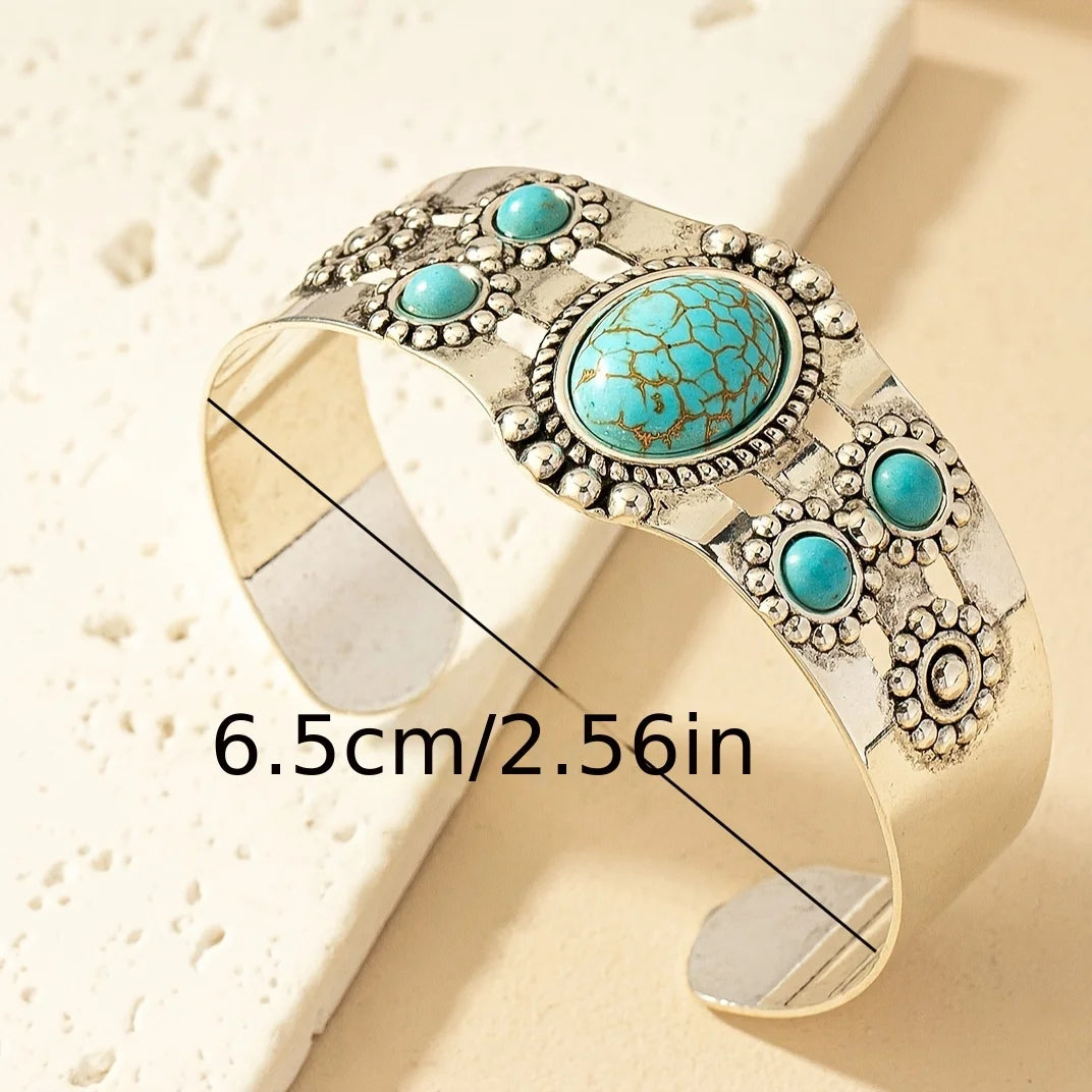 Vintage Bohemian Style Artificial Inlaid Turquoise Cuff Bangle Creative Design mbzr