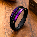 Chunky Leather Bracelets for Men Boys,Multi-layer Bracelets with Stainless Steel Bend Tag,Casual Jewelry Gift to Father Husband
