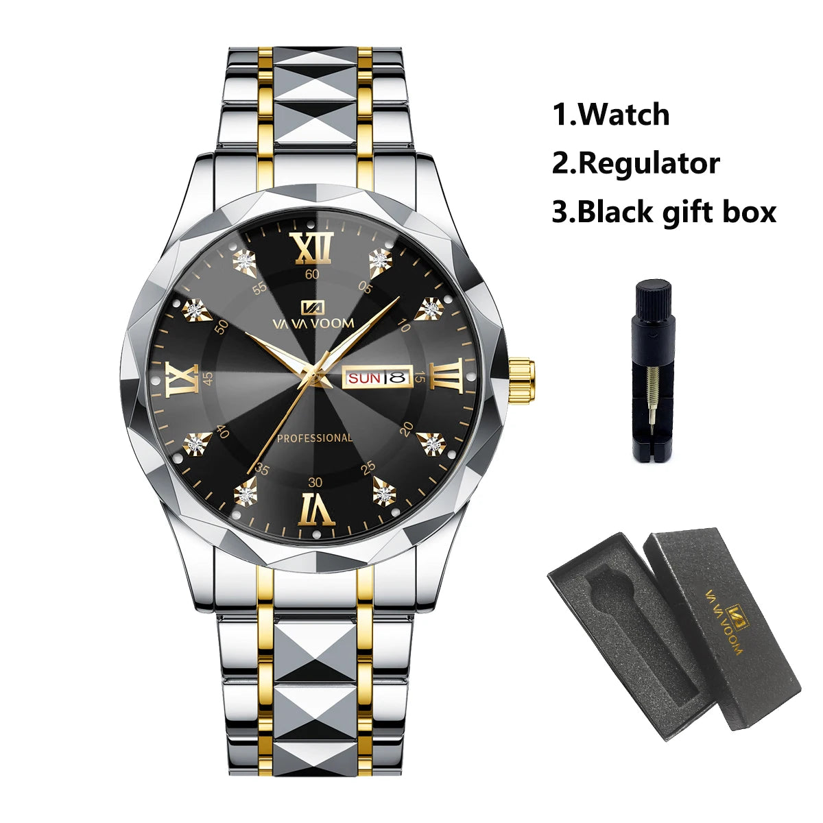 VA VA Voom Top Brand Quartz Men Two-Color Stainless Steel Luxury Rhinestone 41mm Black Dial 3Bar Waterproof Sports Watch for Men