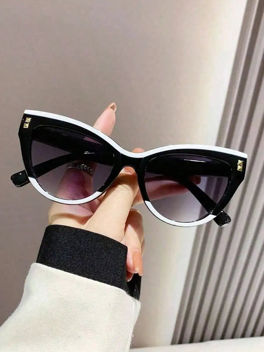 Two-Tone Black & White Cat Eye Sunglasses Retro Contrast Rim Gradient Gray Lens Fashion Small Cateye Shades UV Protection Eyewear for Women Streetwear