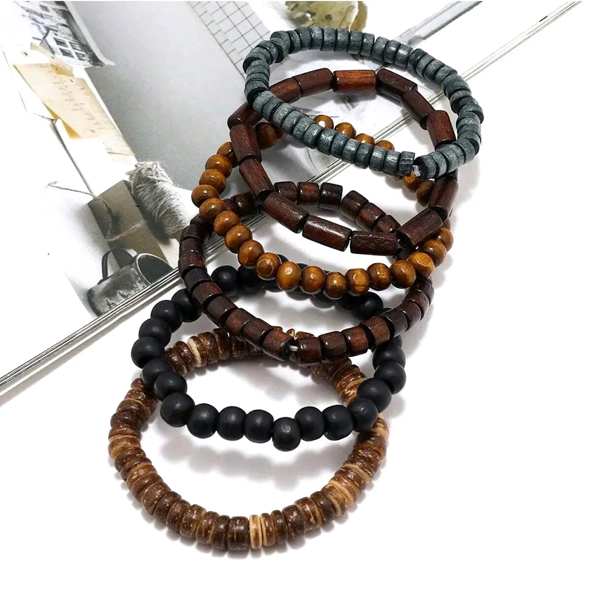 6PCS  Wodeen Braided Wrap Leather Bracelet for Men Vintage Life Wood Beads Fashion Male Armband