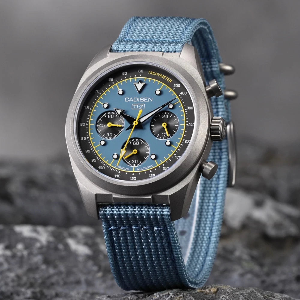 CADISEN Titanium TI-7 MULTISYNC New Moon Mens Watches Canvas Chronograph VK63 Men Gift AR Sapphire Luxury Quartz Watch For Man