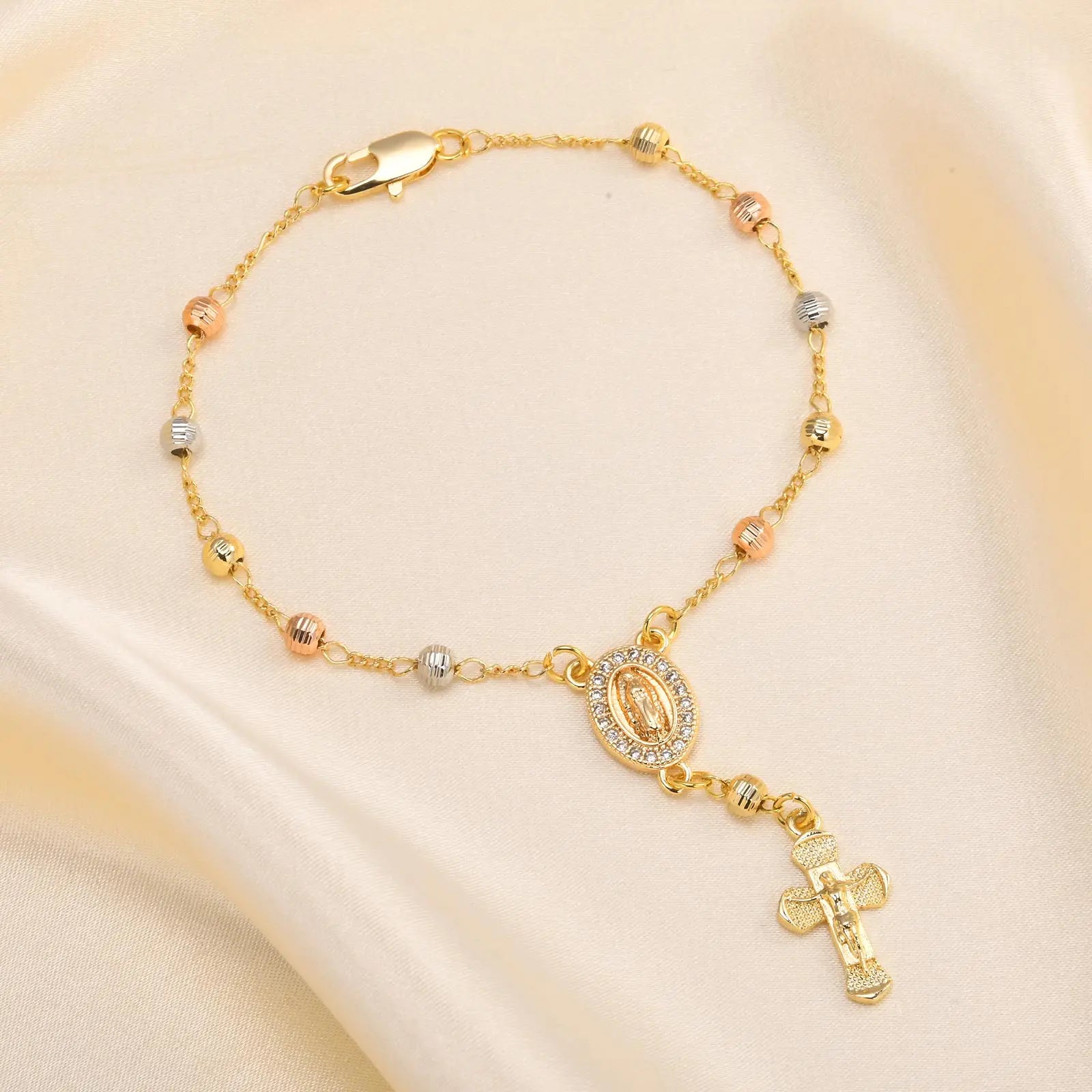 Virgin Mary Rosary Bead Cross Bracelet for Women, Tri-color Adjustable Chain Virgin of Guadalupe Bracelet Baptism Confirmation