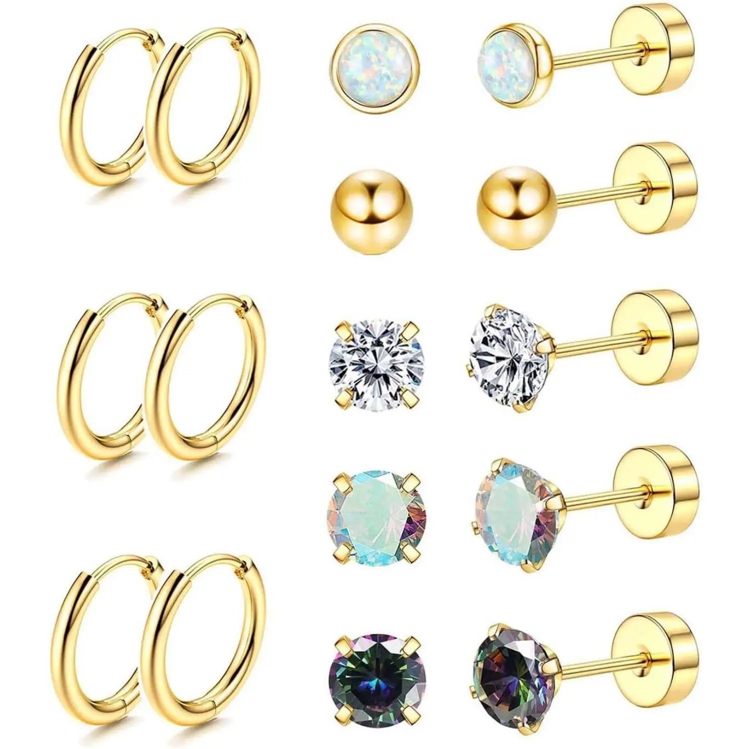 Surgical Steel Earrings for Sensitive Ears Hypoallergenic 20G Stainless Steel Stud Hoop Earrings for Women Men Small Opal Ball CZ Surgical Steel Flat Back Earrings Cartilage Earrings Hoop Stud