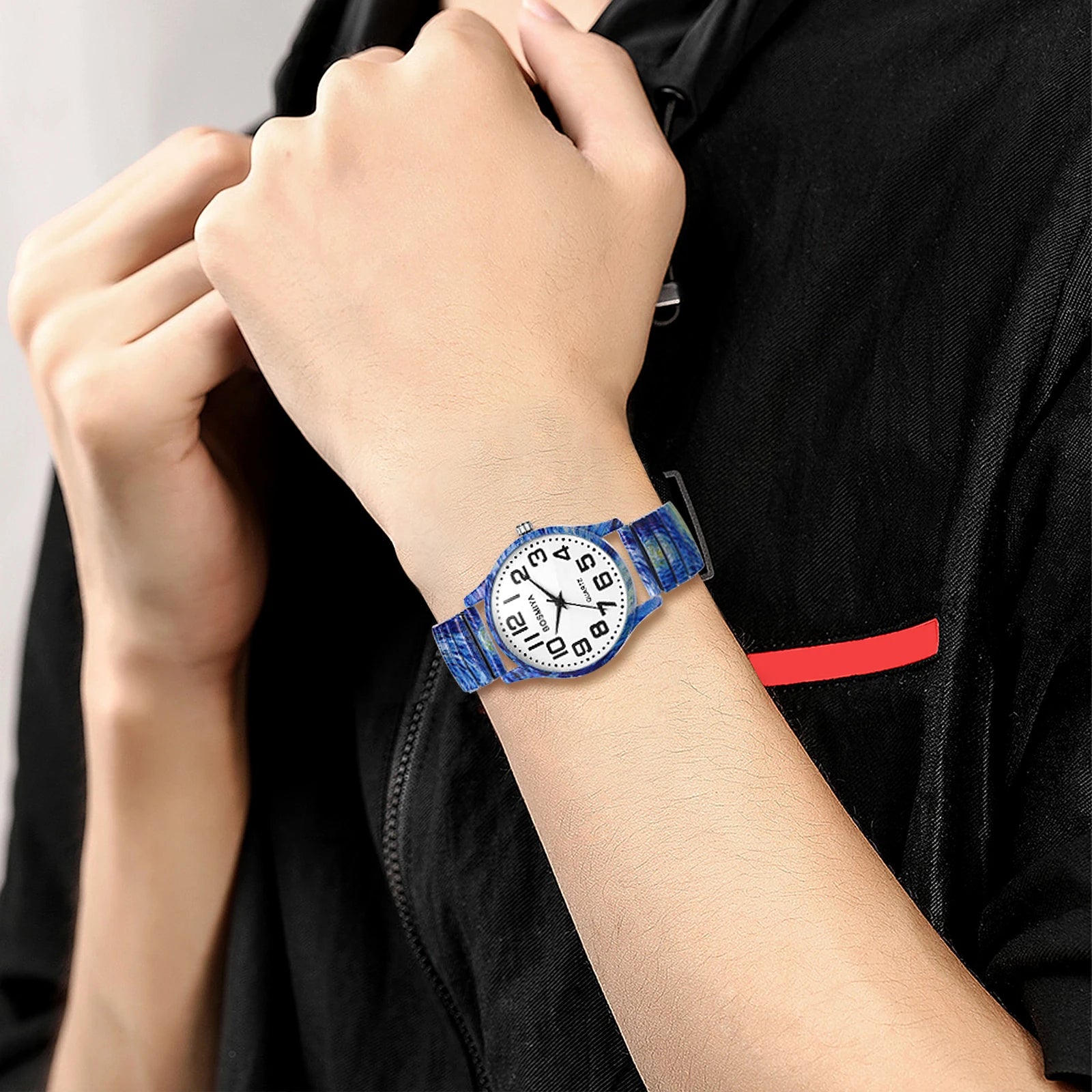Men Women Analog Quartz Wristwatch, High-Definition Easy-Read Oversized Arabic Numerals Dial, Galaxy Starry Sky Pattern Decoration,  Elastic Stretch Comfortable Band, Lightweight Slip-On Casual Everyday Watch, Festival Party mbzr