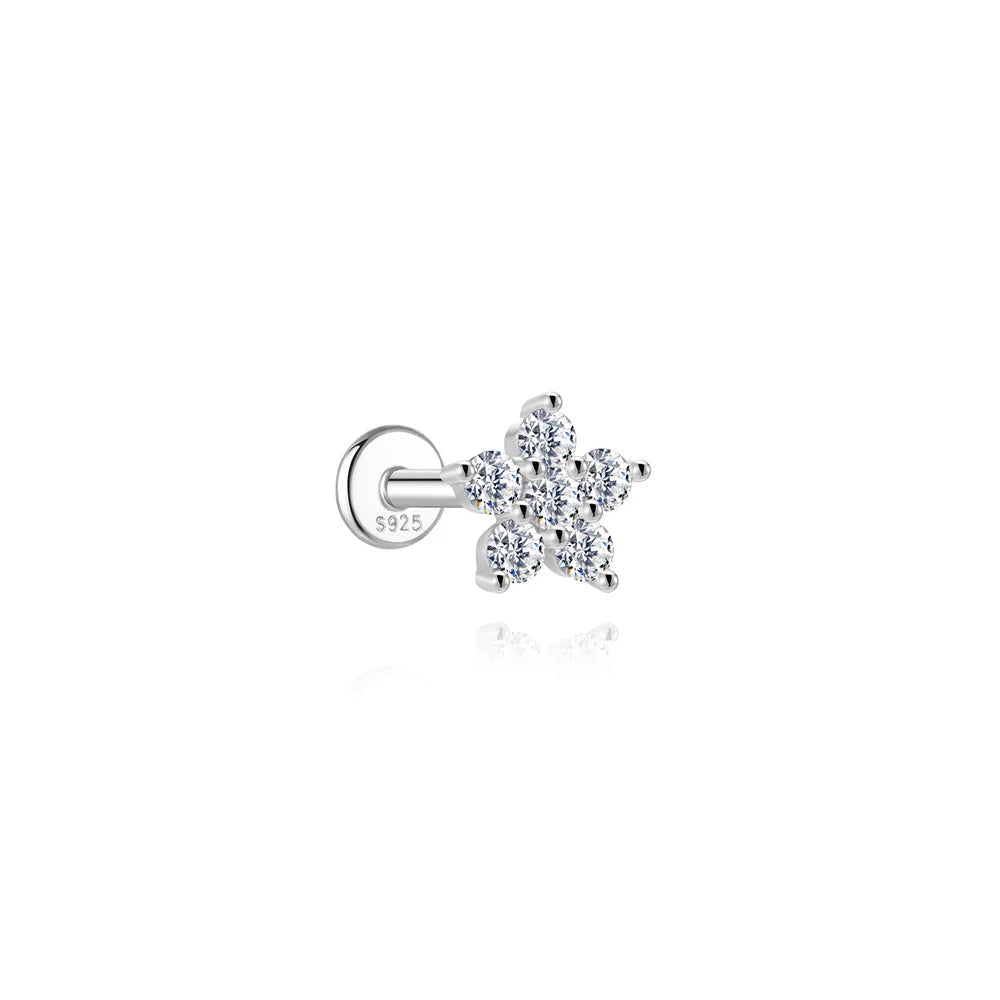 ROXI Moissanite 925 Sterling Silver Flower Tassel for Women Flat Back Piercing Earring Stud Helix Star Earring Fine Jewelry Gift mbzr