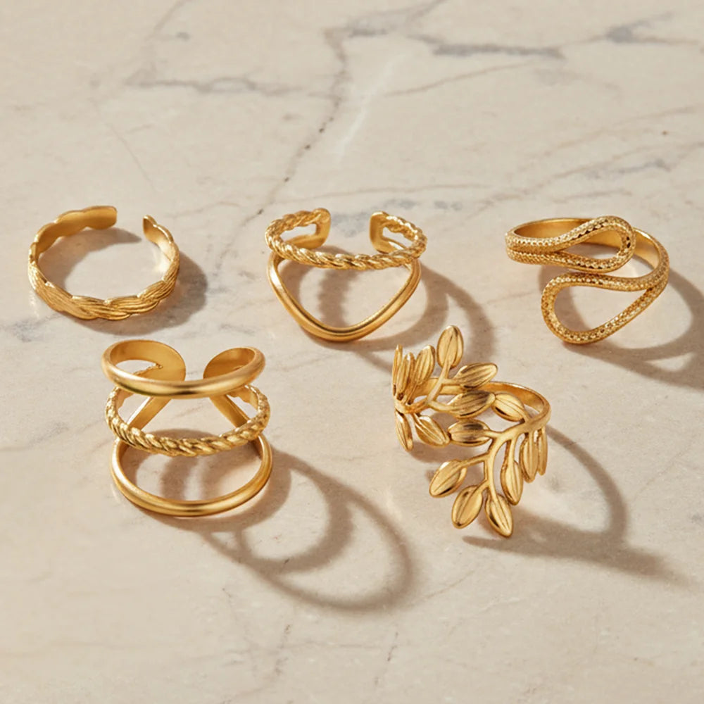 5-Piece Stainless Steel Leaf-Shaped Geometric Openwork Ring Set For Women Minimalist, Sophisticated Adjustable