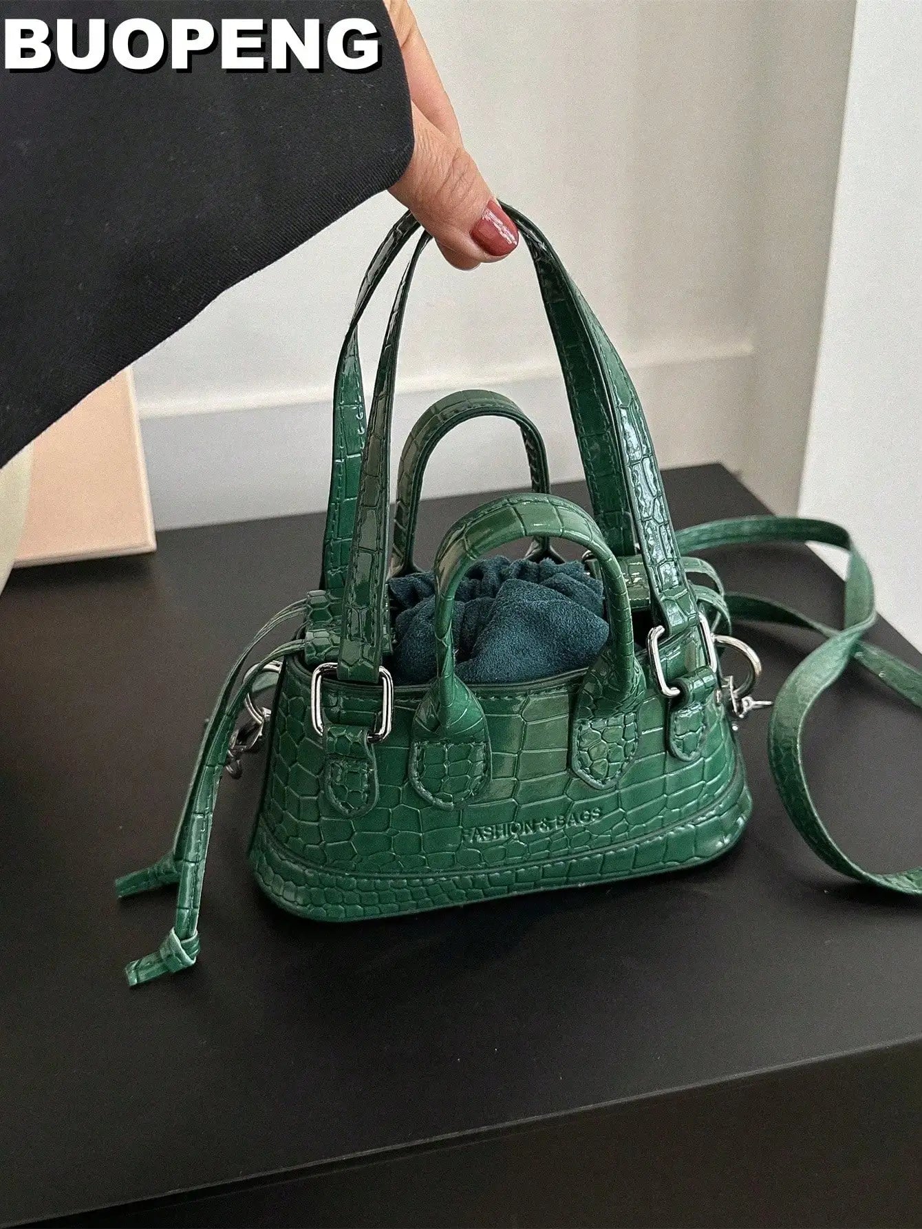 Mini Silver Croc-Embossed Top Handle Bag with Drawstring Closure