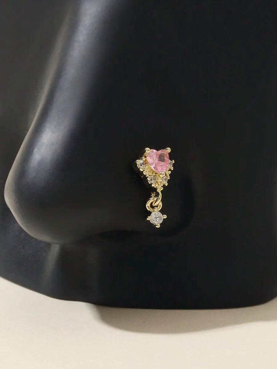 Rose Gold Tone Heart Crystal Nose Cuff For Women, Non-Piercing Rhinestone Jewelry Accessory For Valentine’s Day