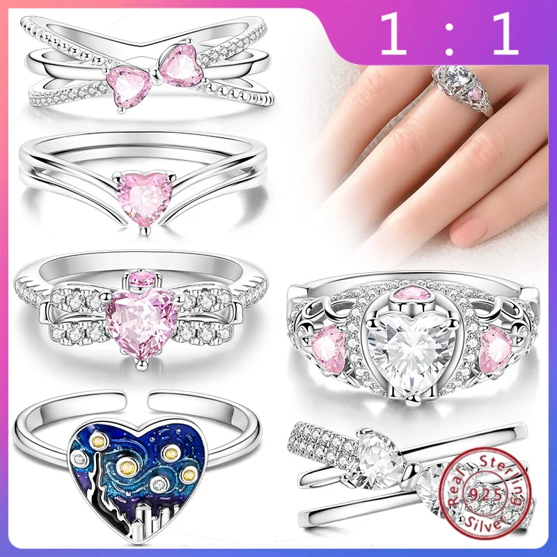 Anillos Apilables de Plata Esterlina 925 (Nuevos) – Lazo Rosa + Corazón (Tema Amor), Adecuados para Mujer y Chica mbzr