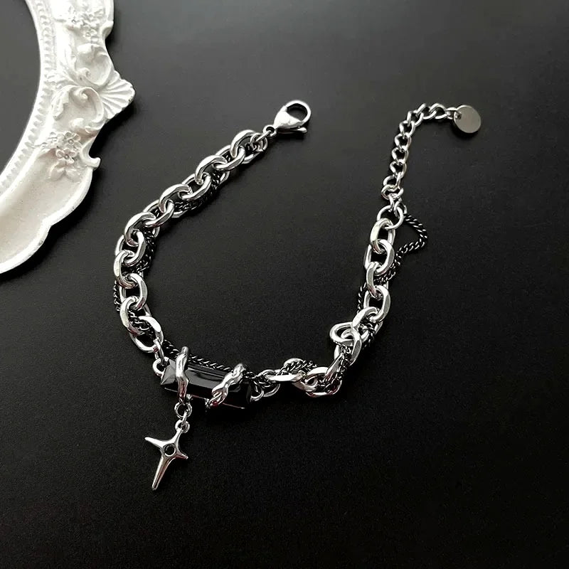 Men Bracelet 2024 Retro Black Zircon Star Chain Women Stainless Steel Punk Bracelets on Hand Unisex Jewelry Couple Accessories
