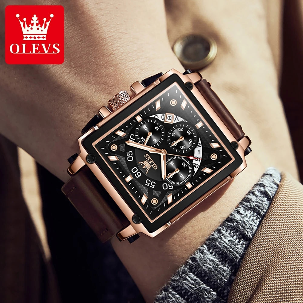 OLEVS 9919 Chronograph Multifunctional Quartz Men's Watch Leather strap 45MM Square Big Dial Leisure Sports TOP Brand Male Watch mbzr
