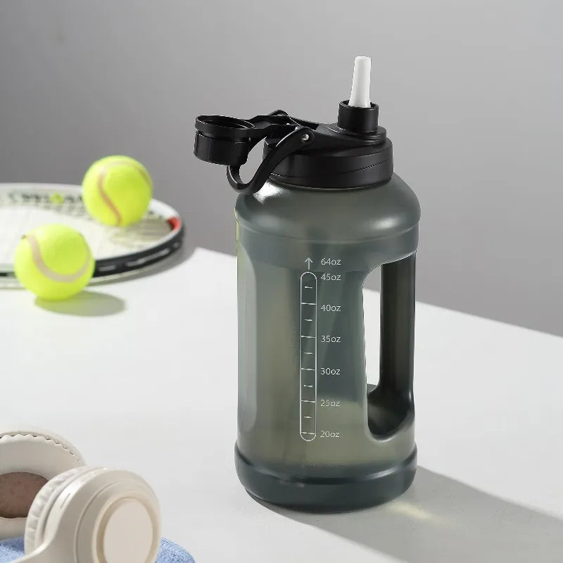 64 Fluid Ounces Water Bottle, Translucent Black, with Straw/ Chug 2 in 1 Lid, Light Weight, Reusable, Plastic mbzr
