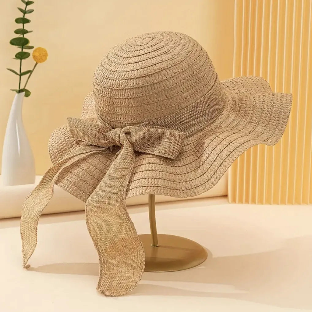 1pc Ladies' Khaki Wave Striped Bowknot Beach Hat, Boho Shell Hollow Elegant and Sun-Protected