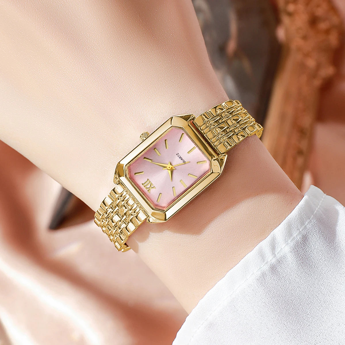 2PCS Fashion Rectangle Women Quartz Watch Rhinestone Bracelet Set Ladies Roma Dial Wristwatch Reloj Mujer Girls Clock Gift