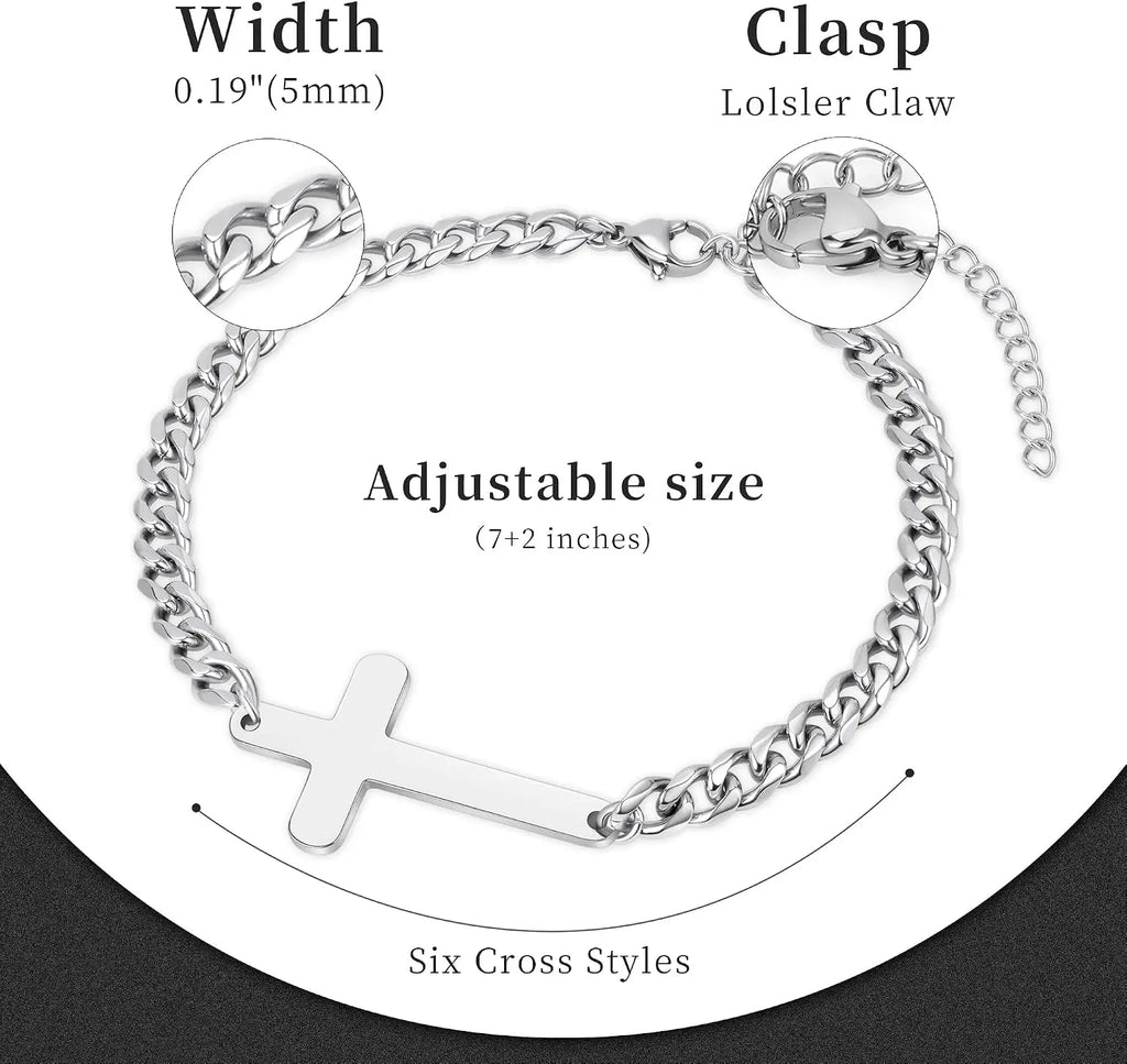 Cross Bracelet for Men - Stainless Steel Adjustable 5MM Cuban/Figaro Link Chain Cross Bracelet Non Tarnish 7+2 Inches, Christian Religious Jesus Confirmation Jewelry Gifts for Men